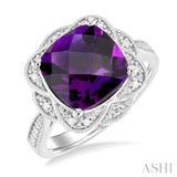 10X10 MM Cushion Shape Amethyst and 1/20 ctw Round Cut Diamond Semi Precious Ring in Sterling Silver