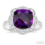 10X10 MM Cushion Shape Amethyst and 1/20 ctw Round Cut Diamond Semi Precious Ring in Sterling Silver