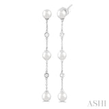 5 MM Round Shape Cultured Pearl and 1/10 ctw Round Cut Diamond Station Long Earring in 14K White Gold