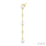 5 MM Round Shape Cultured Pearls and 1/10 ctw Round Cut Diamond Station Long Earring in 14K Yellow Gold