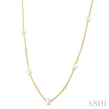 3 MM Round Shape Cultured Pearl and 1/8 ctw Round Cut Diamond Station Necklace in 14K Yellow Gold