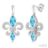 8x4&6x3 MM Marquise Cut Blue Topaz and 1/20 Ctw Round Cut Diamond Fleur De Lis Earrings in Sterling Silver