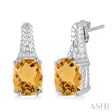9x7 MM Cushion Checker Citrine and 1/20 Ctw Round Cut Diamond Earrings in Sterling Silver