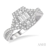3/4 Ctw Twisted Split Shank Round Cut and Baguette Diamond Ring in 14K White Gold