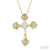 1/8 ctw Tree Shape Cross Charm Round Cut Diamond Pendant With Chain in 14K Yellow and White Gold