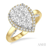 1 Ctw Round Diamond Lovebright Pear Halo Engagement Ring in 14K Yellow and White Gold