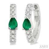 1/10 ctw 4X3MM Pear Cut Emerald and Round Cut Diamond Huggie Earrings in 10K White Gold