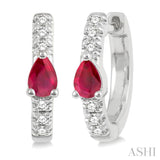 1/10 ctw 4X3MM Pear Cut Ruby and Round Cut Diamond Huggie Earrings in 10K White Gold