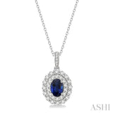 3/4 ctw Oval Shape 7x5MM Sapphire and Round Cut Diamond Precious Pendant With Chain in 14K White Gold